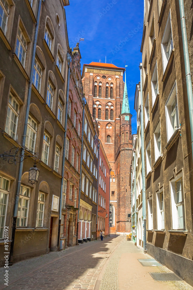 Architecture of the old town in Gdansk with St. Mary Cathedral, Poland