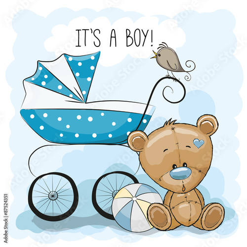 Teddy bear with baby carriage