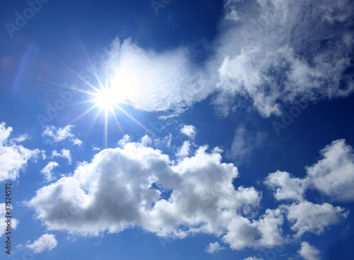 Blue sky with clouds and sun.