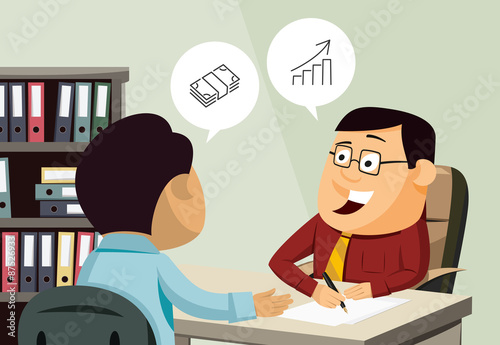 Happy businessman signs a contract of insurance. Man invests in real estate. Customer service. Financial advice. Simple vector illustration.