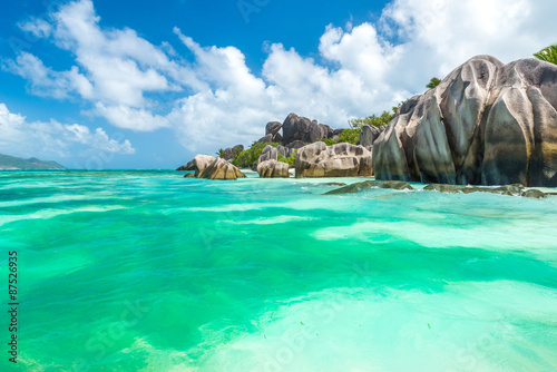Beautiful granite rocks at beach on island La Digue in Seychelles - Anse Source d'Argent