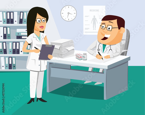 The nurse has a meeting with the doctor. Doctor writes a prescription for the patient. Funny vector simple illustration.
