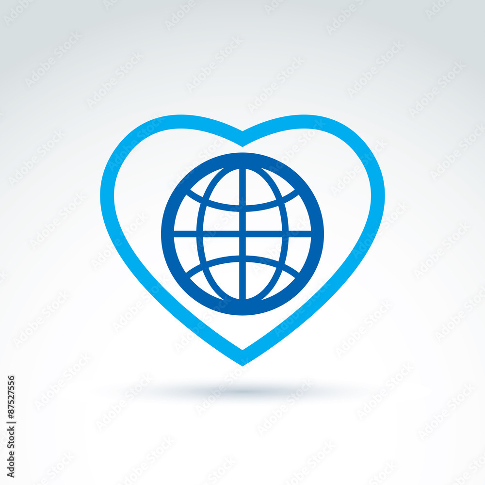 Simple planet icon placed on a heart, vector globe conceptual sy Simple planet icon placed on a heart, vector globe conceptual sy