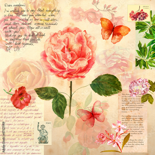 Collage with flowers, butterflies and postage stamps 