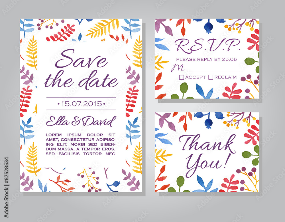Vector wedding invitation card set with floral watercolor backgr