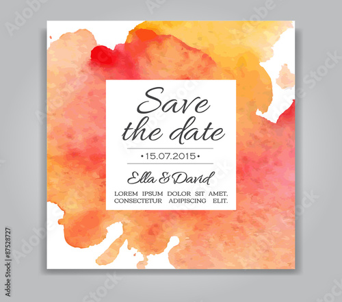 Vector wedding invitation card with watercolor background.