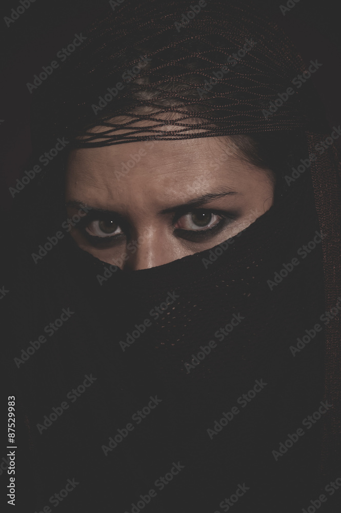 brunette woman with brown veil, Arabic young woman with green ey