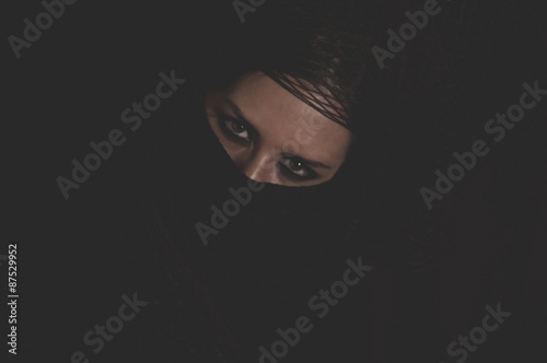 brunette woman with brown veil, Arabic young woman with green ey