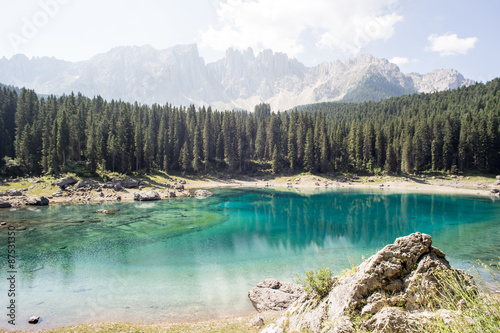 Karersee lake panorama in the Dolomites in South Tyrol, Italy