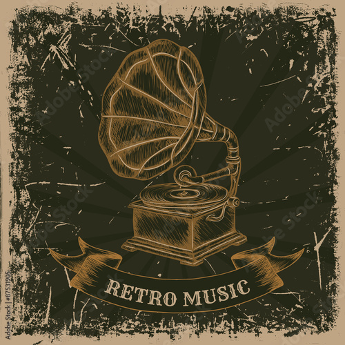 Poster with vintage gramophone. Retro hand drawn vector illustration label "retro music" in sketch style with grunge background