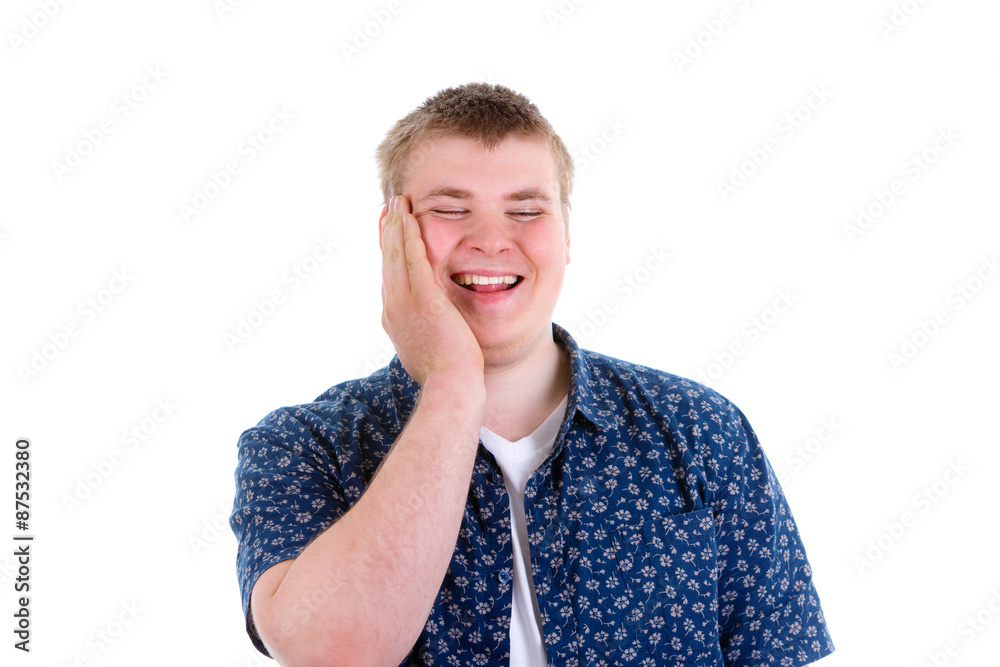 Closeup portrait, goofy, smiling, funny, shocked man's face looking to side with copy space, isolated on white background Closeup portrait, goofy, smiling, funny, shocked man's face looking to side with copy space, isolated on white background