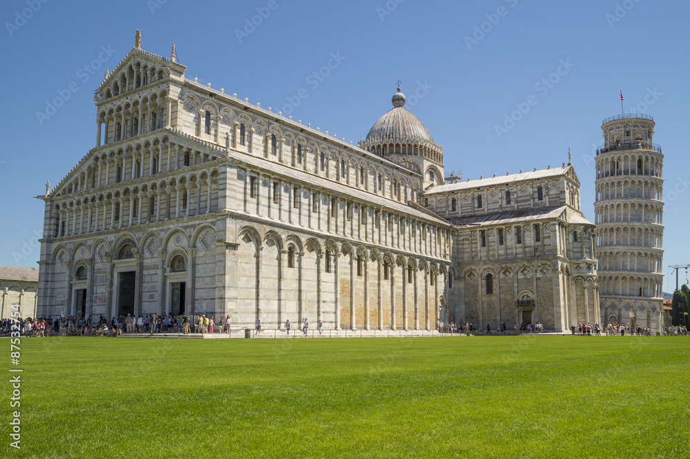 Piazza dei Miracoli complex with Baptistry, Catholic Church and Leaning Tower of Pisa, Italy.
