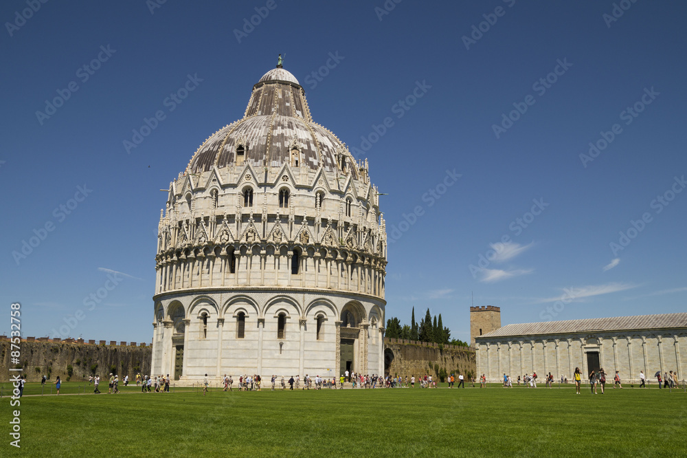 Piazza dei Miracoli complex with the  Pisa Baptistry  in front.