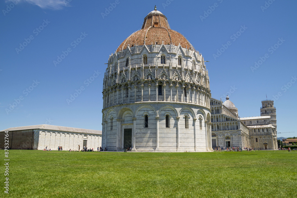 Piazza dei Miracoli complex with Baptistry, Catholic Church and Leaning Tower of Pisa, Italy.