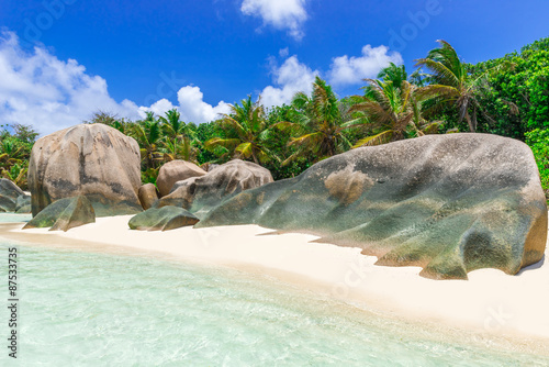 Beautiful granite rocks at beach on island La Digue in Seychelles - Anse Source d'Argent