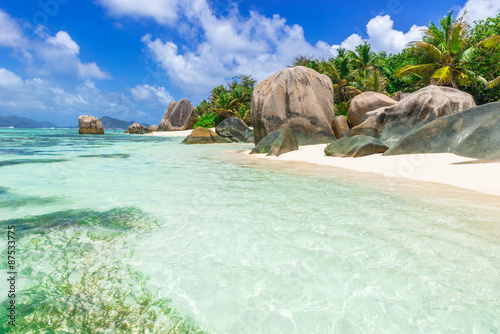 Beautiful granite rocks at beach on island La Digue in Seychelles - Anse Source d Argent