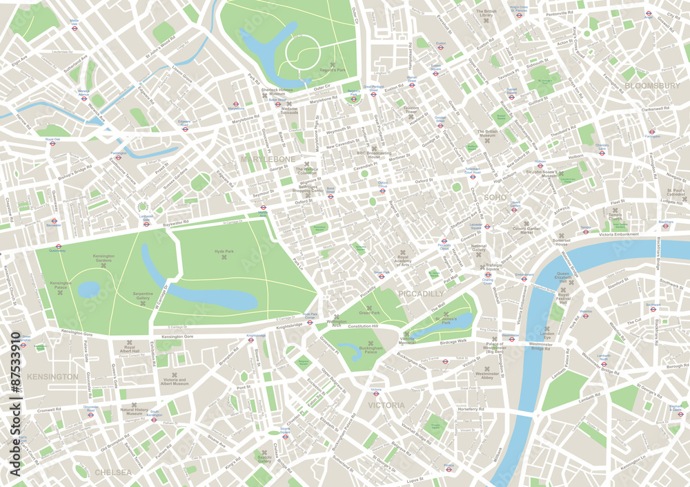 Highly detailed vector map of London.It's includes streets, parks, names of subdistricts, points of interests.
