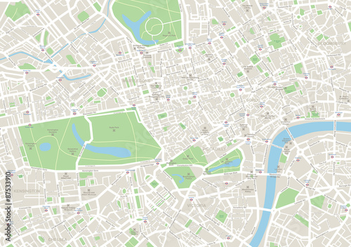 Highly detailed vector map of London.It's includes streets, parks, names of subdistricts, points of interests.
