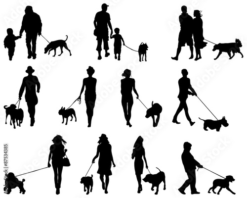 Black silhouettes  of people with dogs, vector