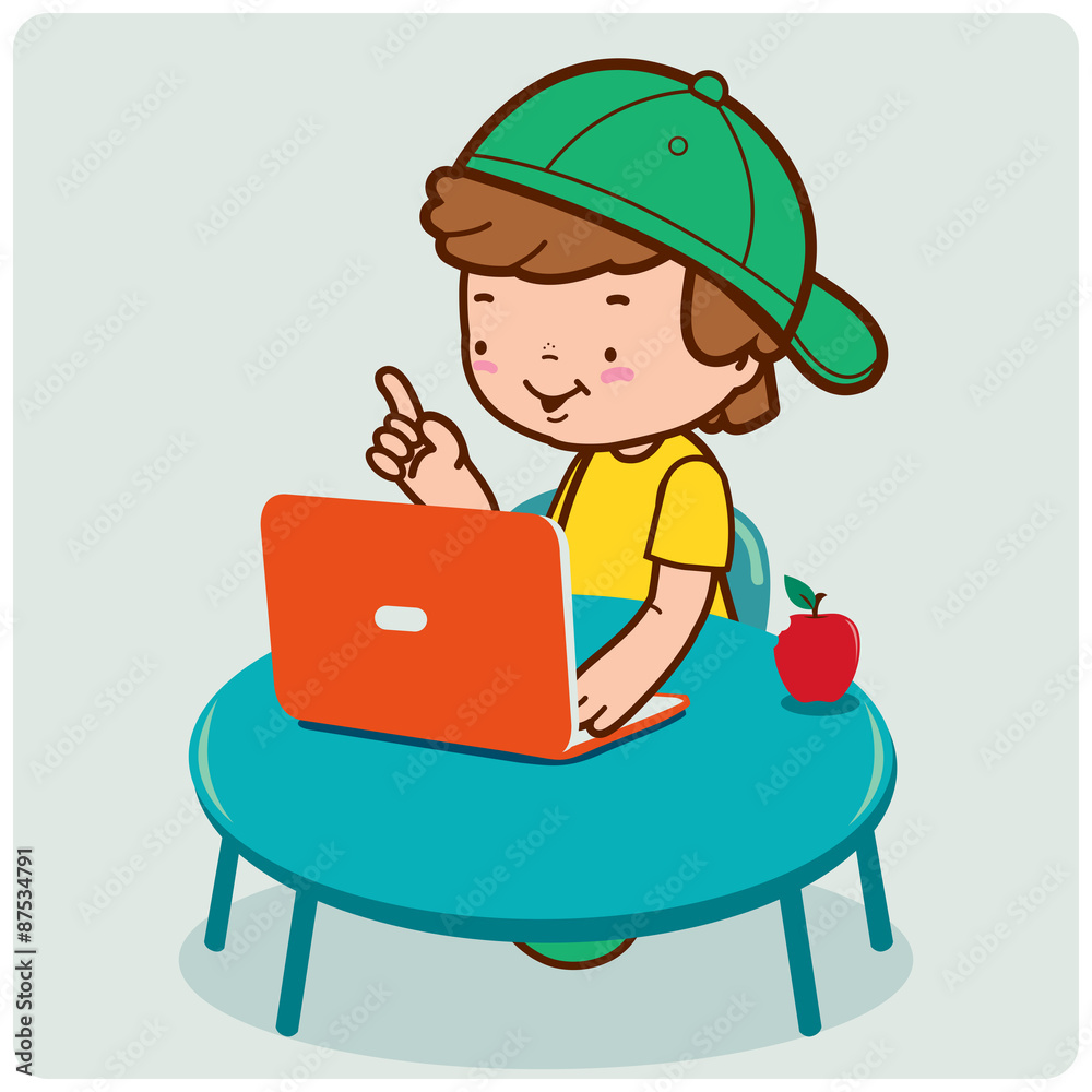 Child sitting on his desk in front of his computer doing his homework. Vector illustration