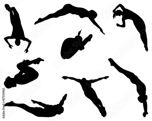 Jumping people into the water, silhouette