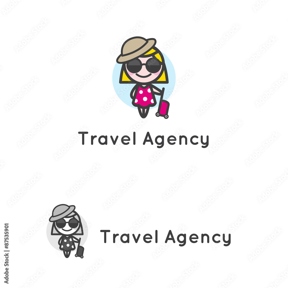 Vector minimalistic young girl in sunglasses with luggage