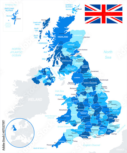 Map of Great Britain and flag - highly detailed vector illustration. Image contains land contours, country and land names, city names, water object names.
- flag