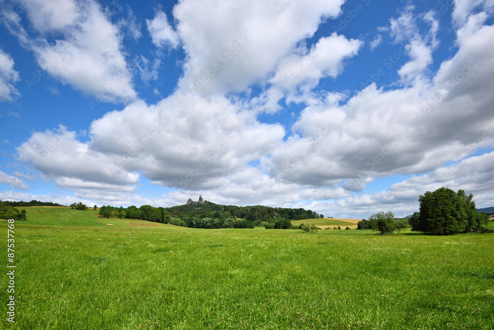 Green fields landscape with white clouds in the sky