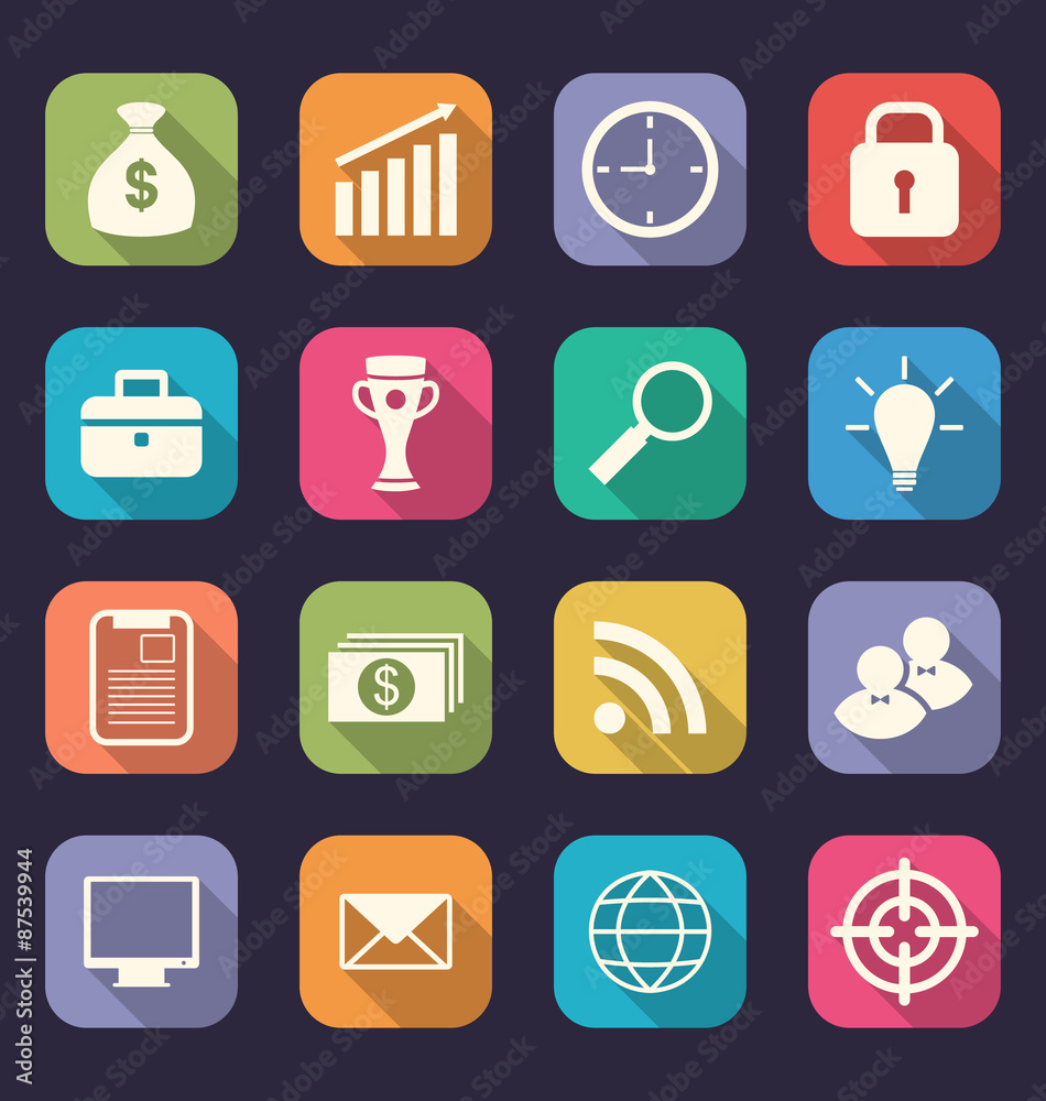Set flat icons of business, office and marketing items, style wi Set flat icons of business, office and marketing items, style wi