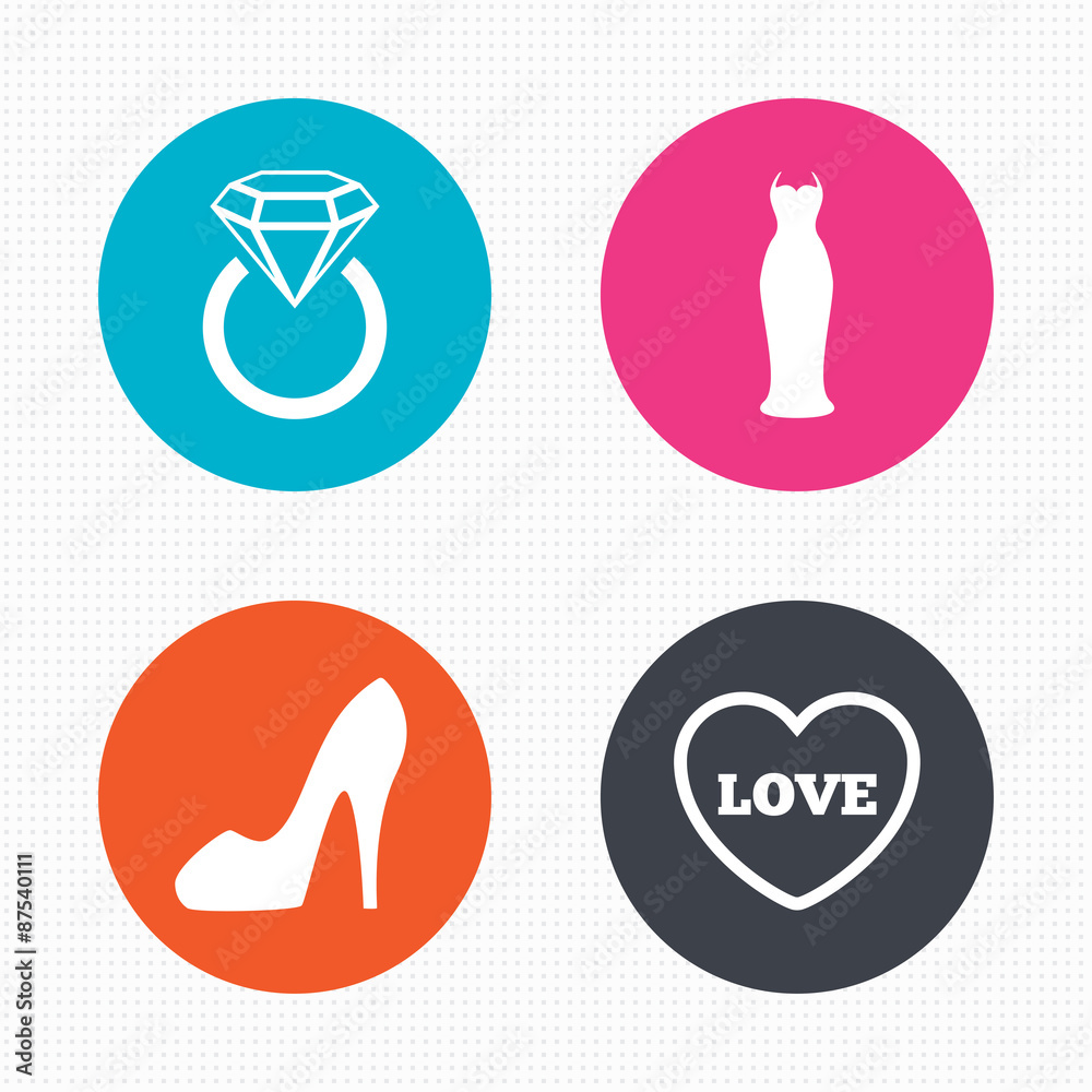 Wedding dress icon. Women's shoe symbol.