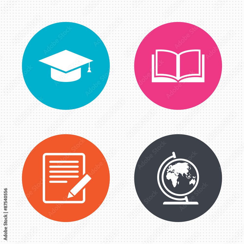 Pencil and open book signs. Graduation cap icon. Pencil and open book signs. Graduation cap icon.