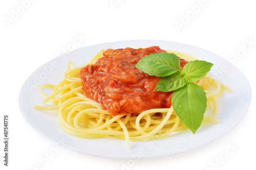 Tomato sauce with spaghetti on white