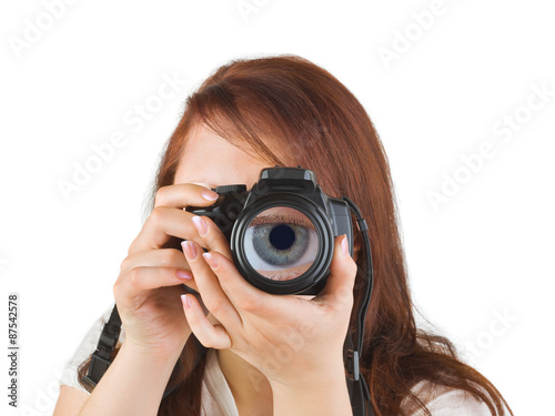 Woman with camera and eye in lens