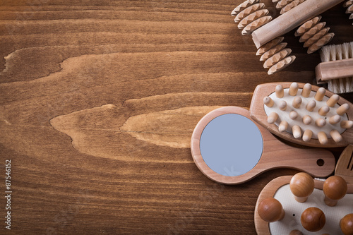 Composition of bathing items on brown pine vintage board healthc photo