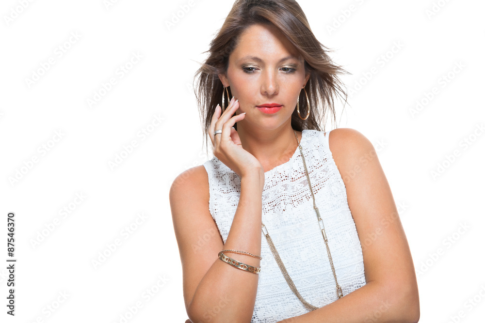 Pensive Stylish Pretty Woman Touching her Face Pensive Stylish Pretty Woman Touching her Face