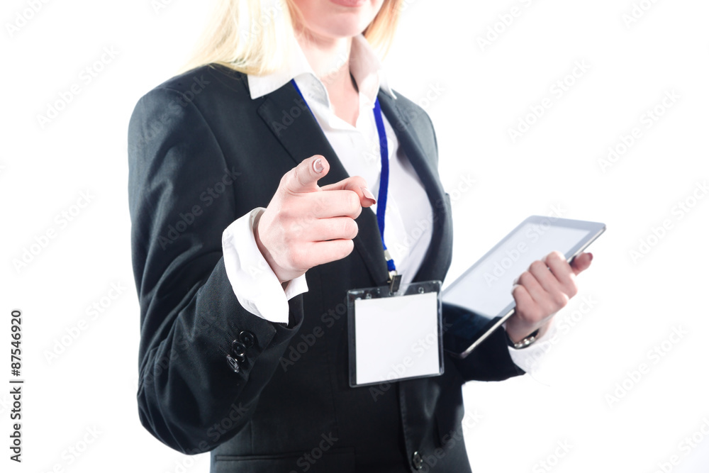 Business woman pointing her finger isolation on white Business woman pointing her finger isolation on white