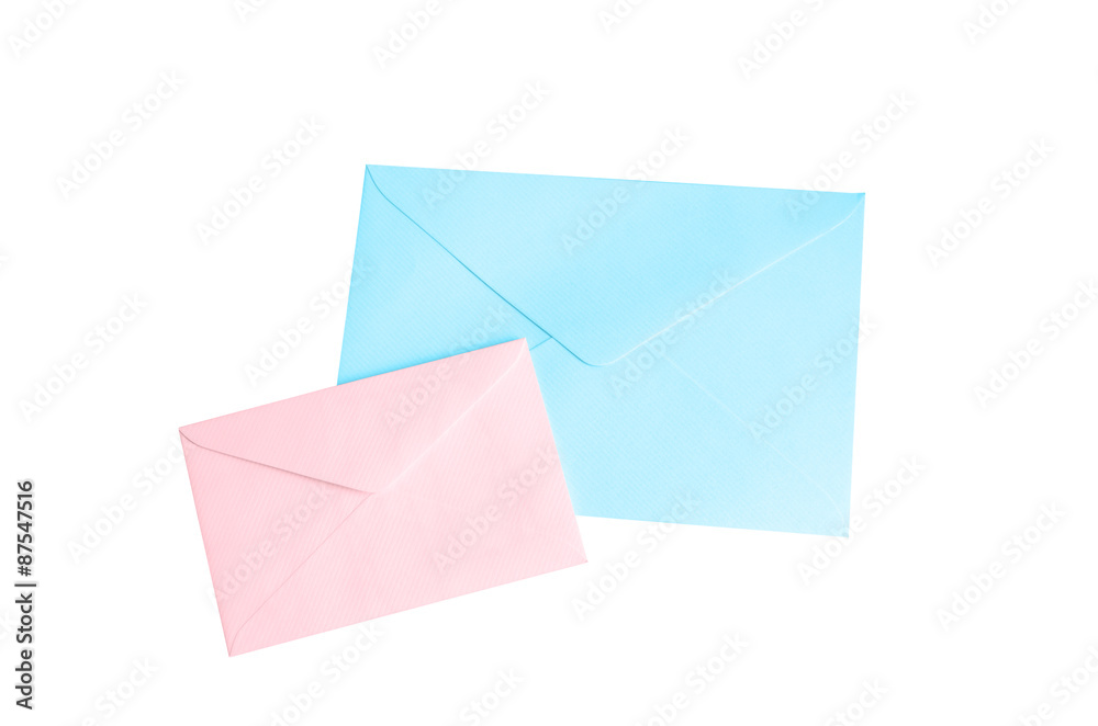 Pink and blue envelope isolate on white with clipping path Pink and blue envelope isolate on white with clipping path