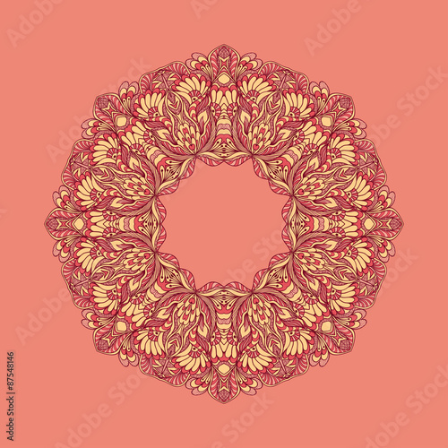 Circle ornament from doodle flowers on pink background 
