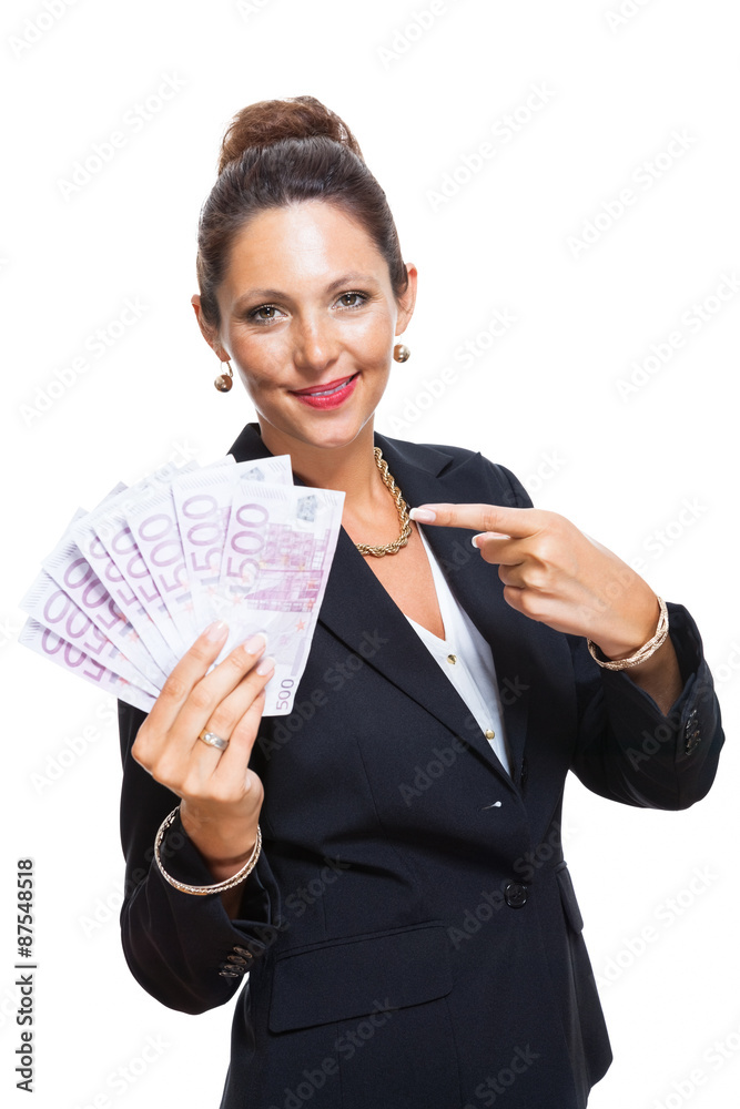 Happy Businesswoman Holding 500 Euro Banknotes Happy Businesswoman Holding 500 Euro Banknotes