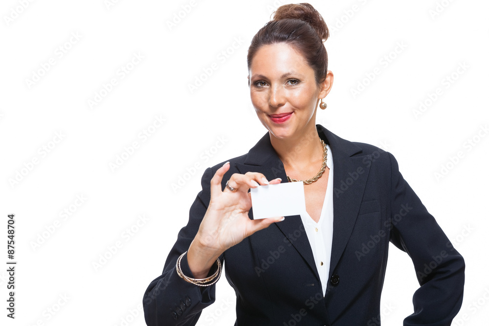 Businesswoman Holding Small Card with Copy Space Businesswoman Holding Small Card with Copy Space