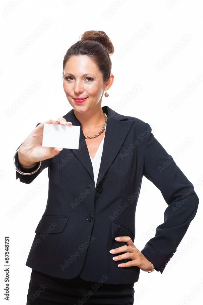 Businesswoman Holding Small Card with Copy Space Businesswoman Holding Small Card with Copy Space