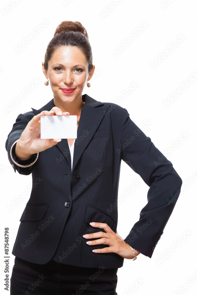 Businesswoman Holding Small Card with Copy Space Businesswoman Holding Small Card with Copy Space