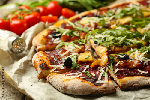 Tasty pizza on table close up