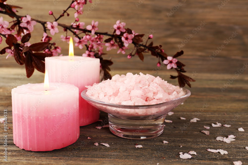 Spa still life with flowering branches on wooden background Spa still life with flowering branches on wooden background