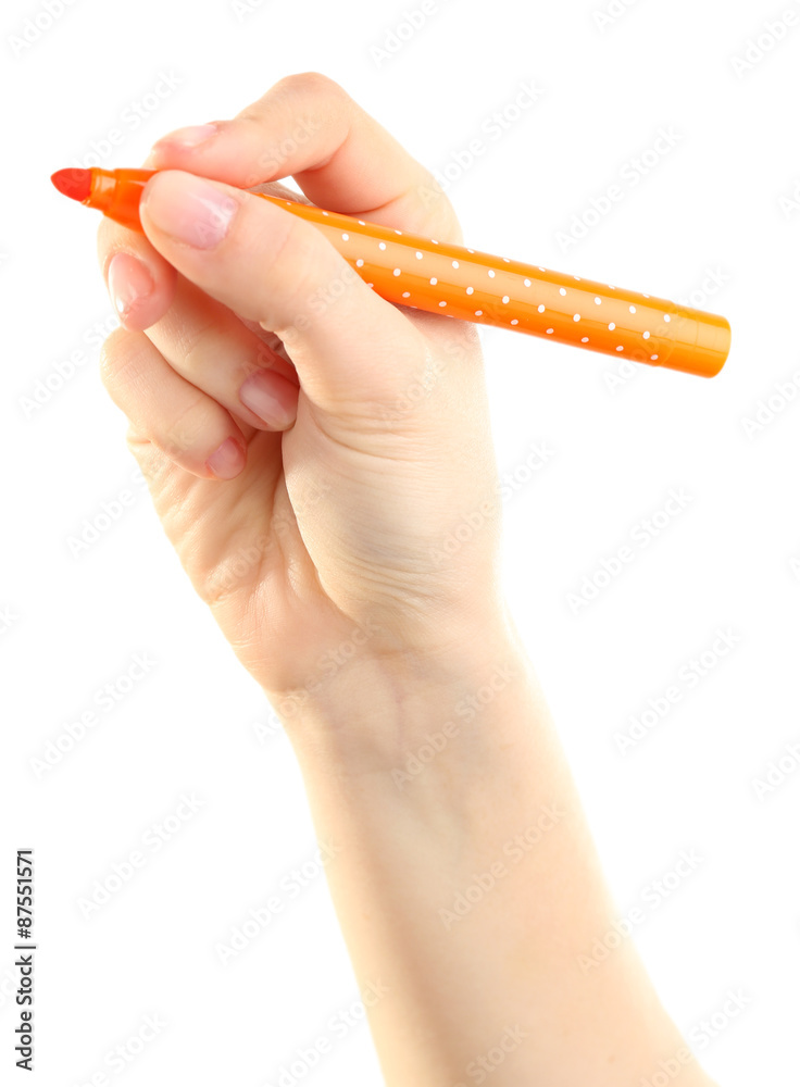 Female hand with felt-tip pen isolated on white Female hand with felt-tip pen isolated on white