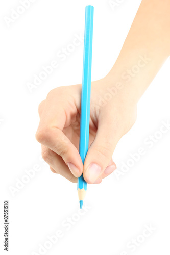 Female hand with colorful pencil isolated on white
