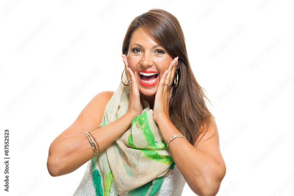 Happy Woman in Trendy Outfit Touching her Face Happy Woman in Trendy Outfit Touching her Face
