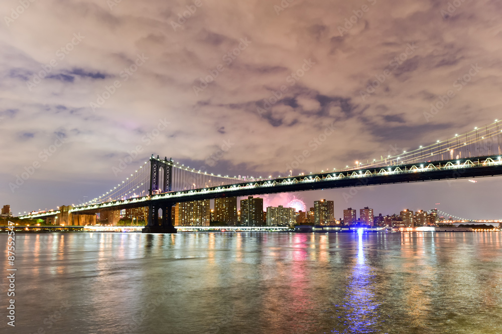 Brooklyn Bridge and Manhattan View with Fireworks