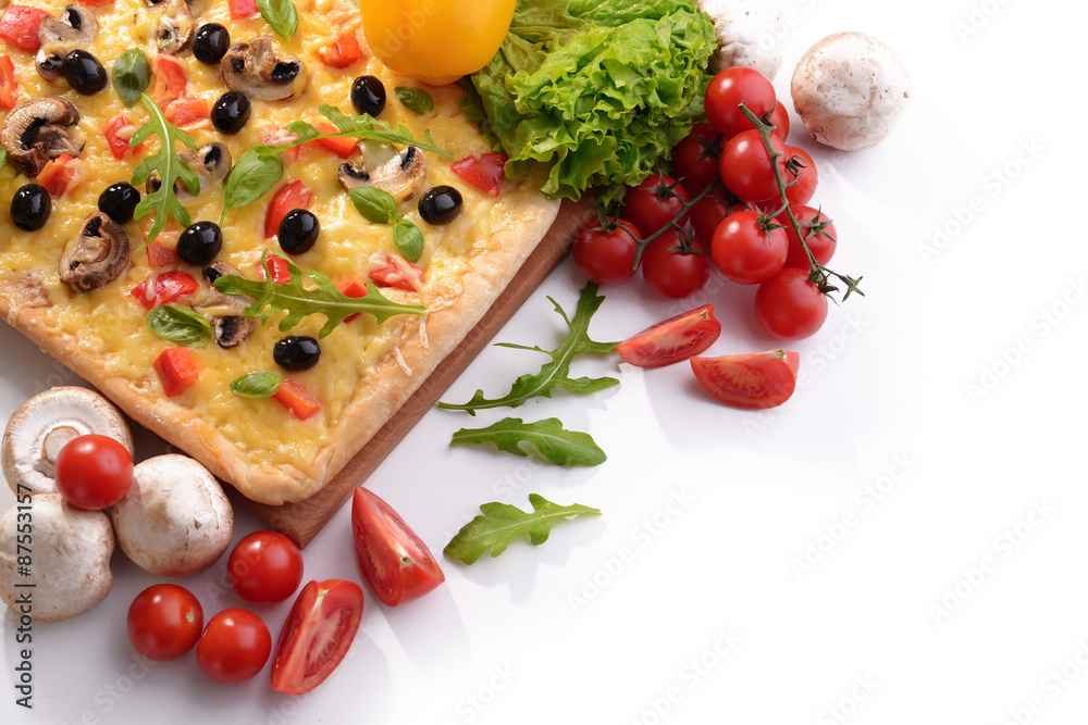 Delicious homemade pizza on white background Delicious homemade pizza on white background