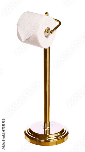 gold toilet paper holder standing isolated on white background